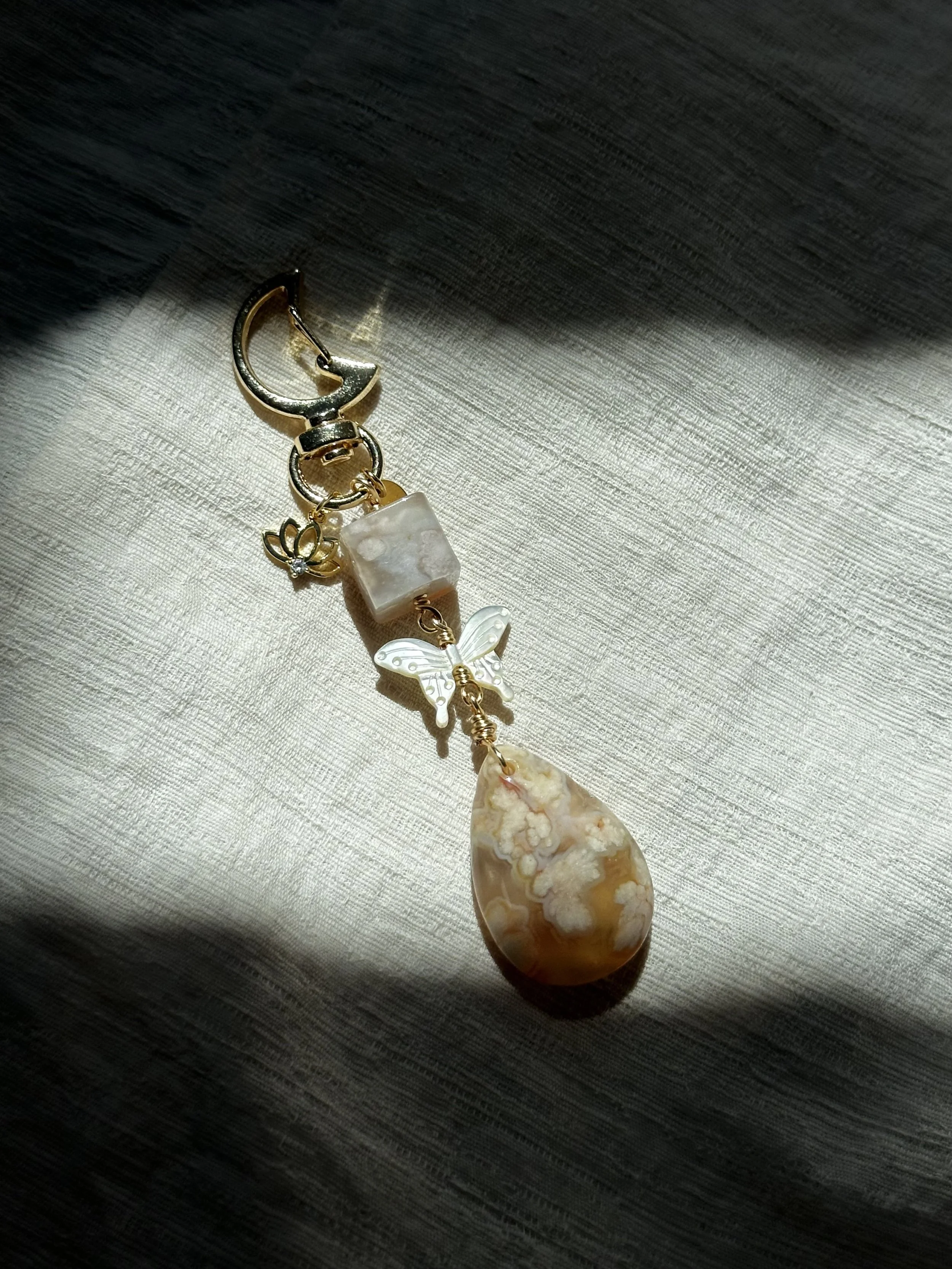 butterfly shell + flower agate, bag charm