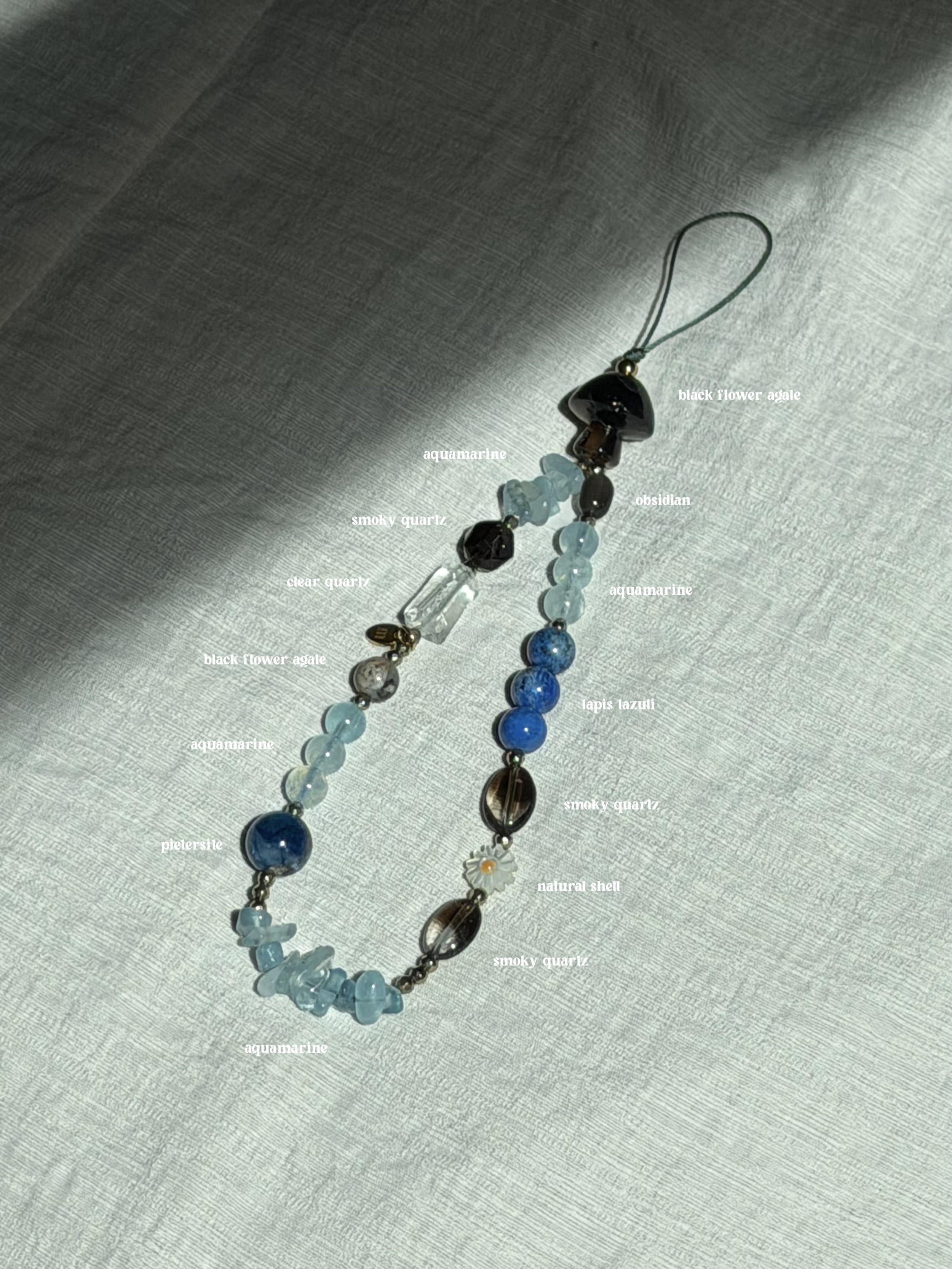 black flower agate + aquamarine, charms (extended)