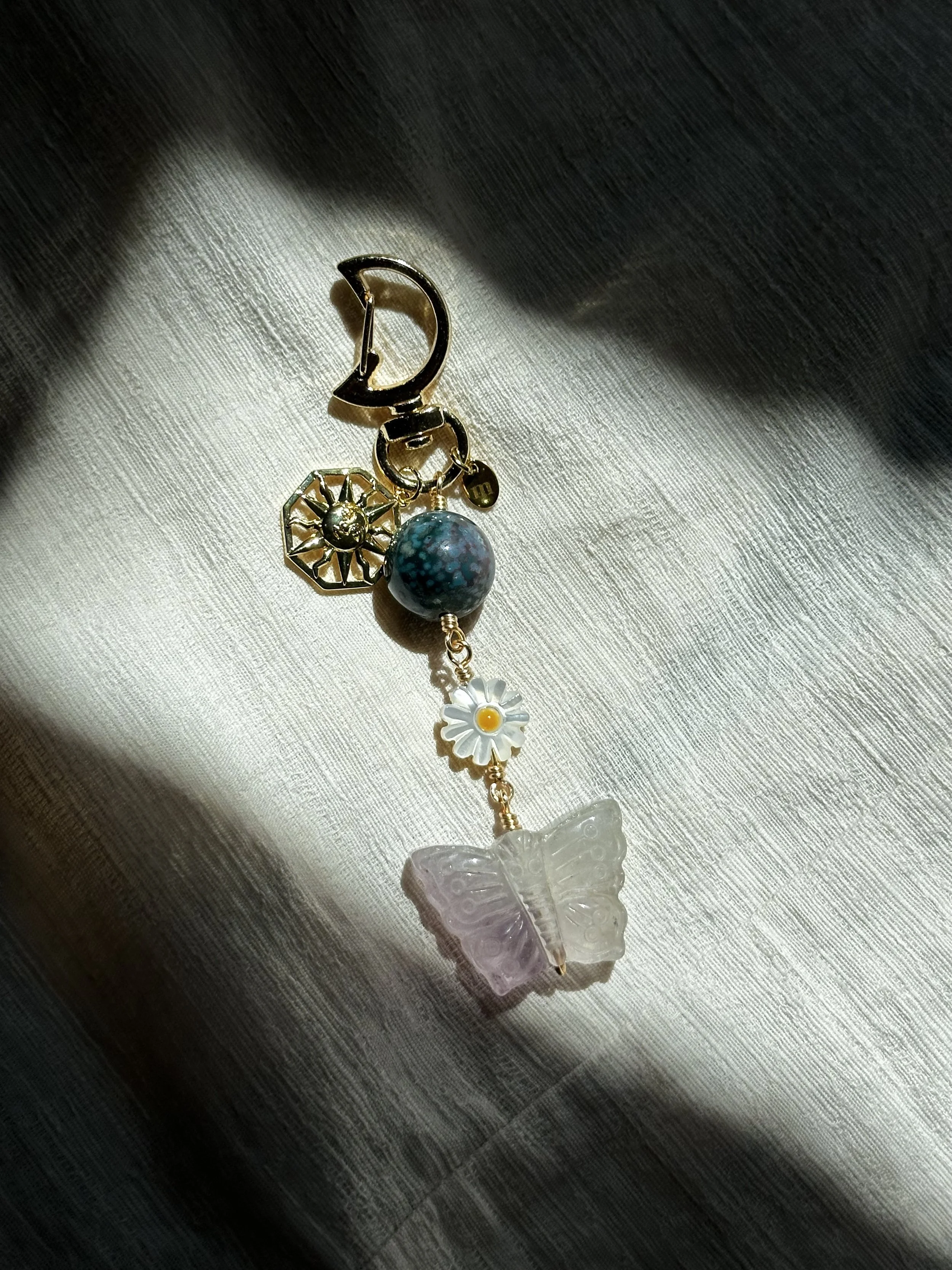 ocean jasper globe + clear amethyst butterfly, bag charm