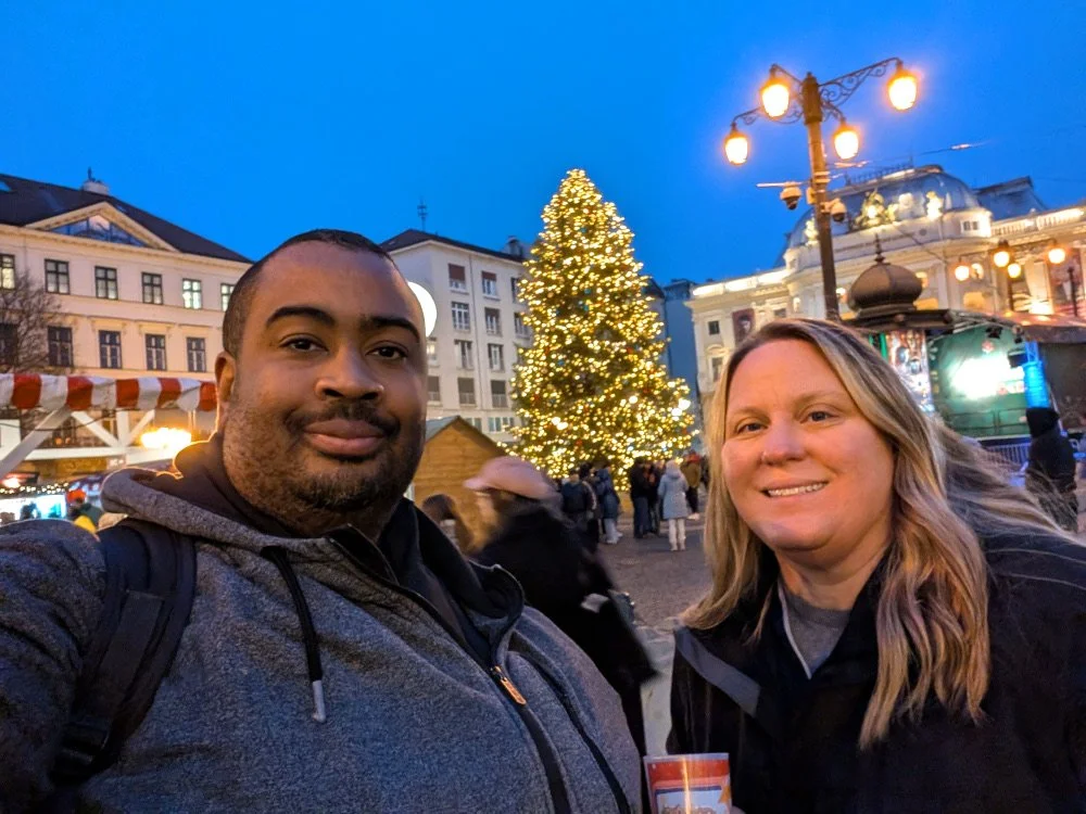 Tim and Anne pose for a selfie in front of Town Hall Market in Old Town Bratislava