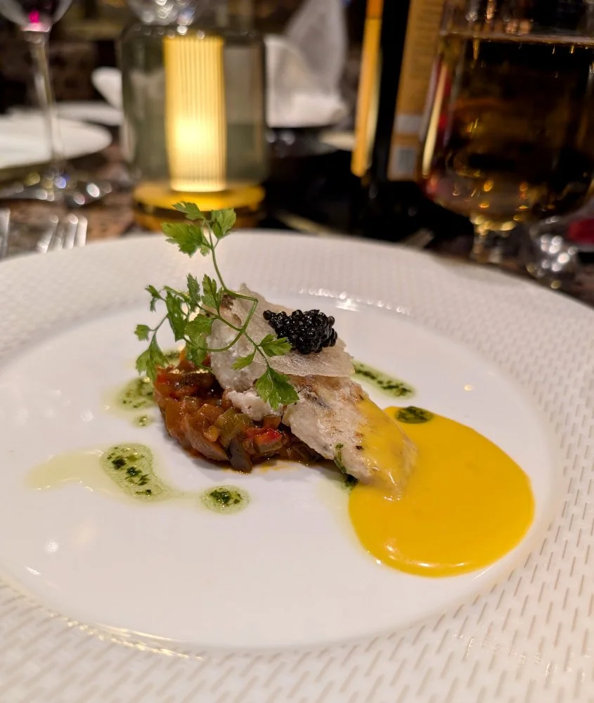 Walleye over veggies with caviar at the Chef's Table on the AmaMagna