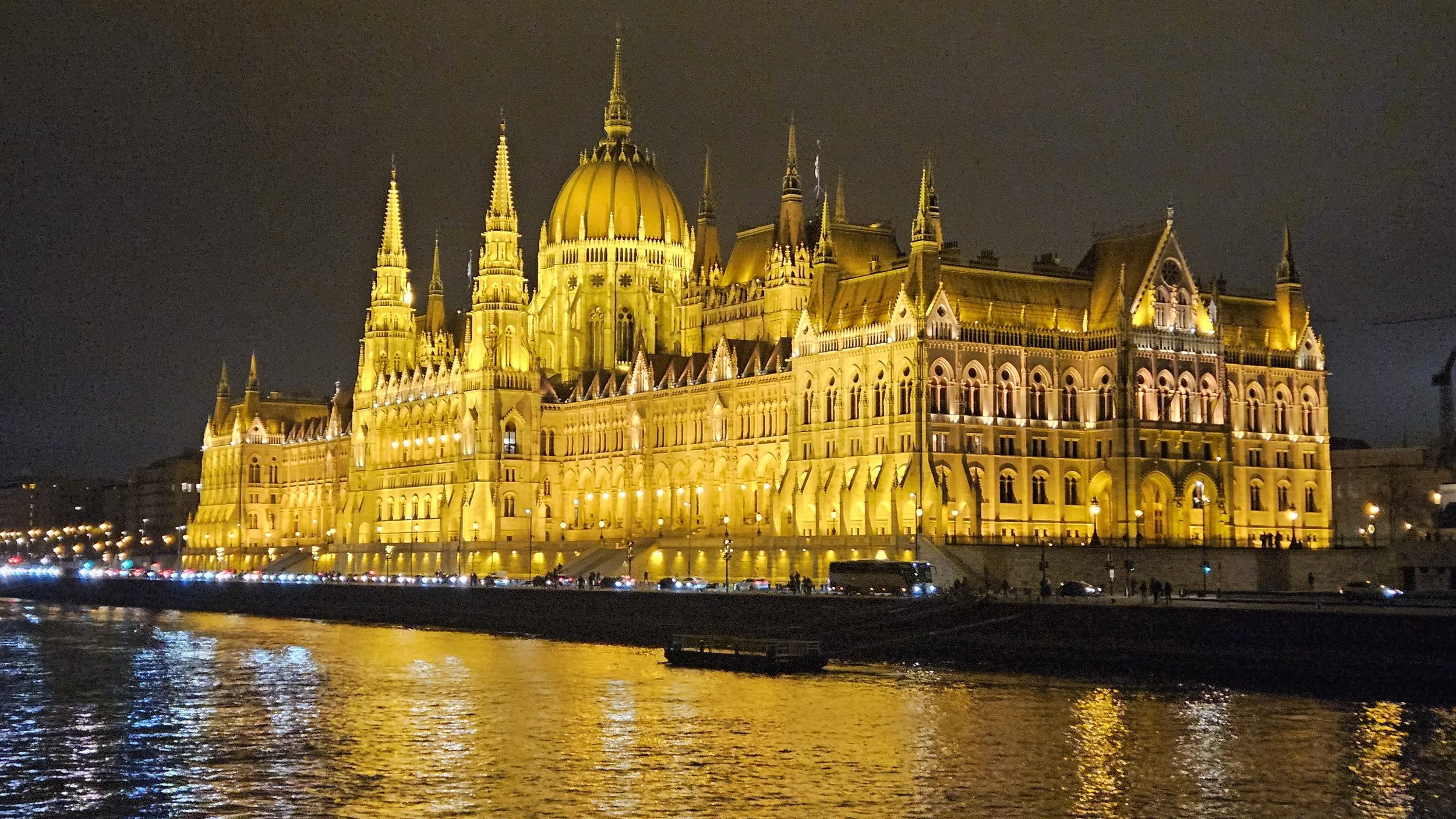 Budapest Parliament Building at night from the Danube