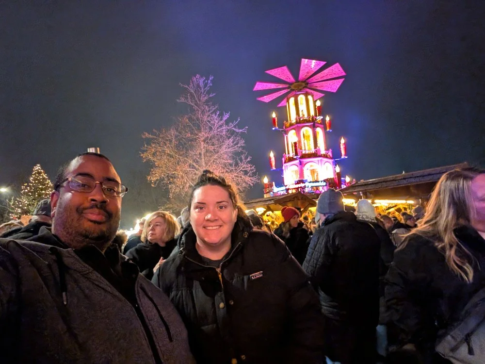 Tim and Kristen pose in front of the 9 meter high traditional mulled wine pyramid in Vilshofen