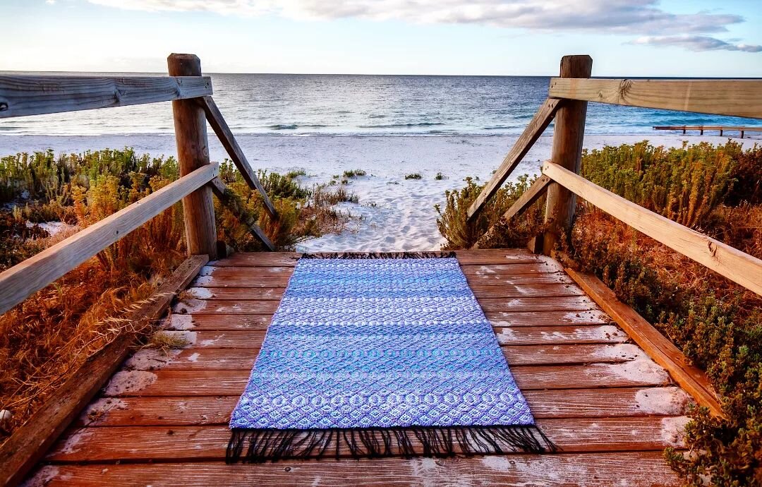 Fresh as a sea breeze.
Lovely Rosepath pattern rug using recycled textiles. 
.
.
.
#everyrughasastorytotell #riverrugs #upcycledart #ministryofyarn #r&auml;symattorakkautta #busselton #capel #weavingsouthwestwa #reusedmaterials