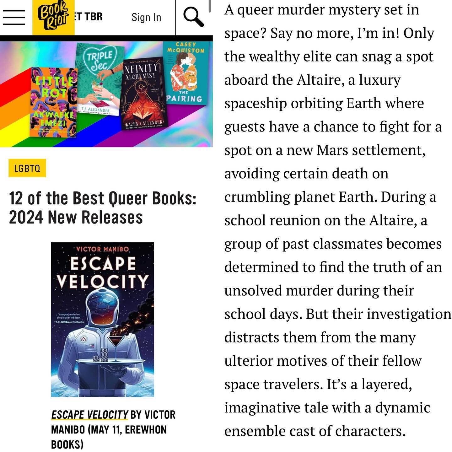 Thanks so much, @bookriot, for including ESCAPE VELOCITY on this list! So excited for everyone to meet the queer disasters aboard Space Habitat Altaire! Link in ig story; NB release date is 5/21/24