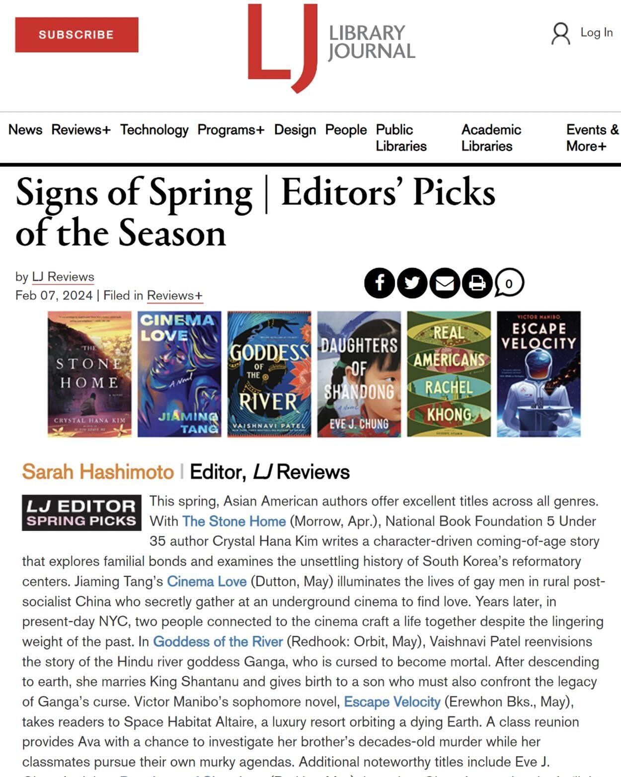 Is it spring already?? ESCAPE VELOCITY is one of LJ&rsquo;s editors&rsquo; picks for the season, alongside titles from @vaishnawrites, @infomocracy, and other brilliant authors. Thank you, @library_journal! View the full list in my ig story