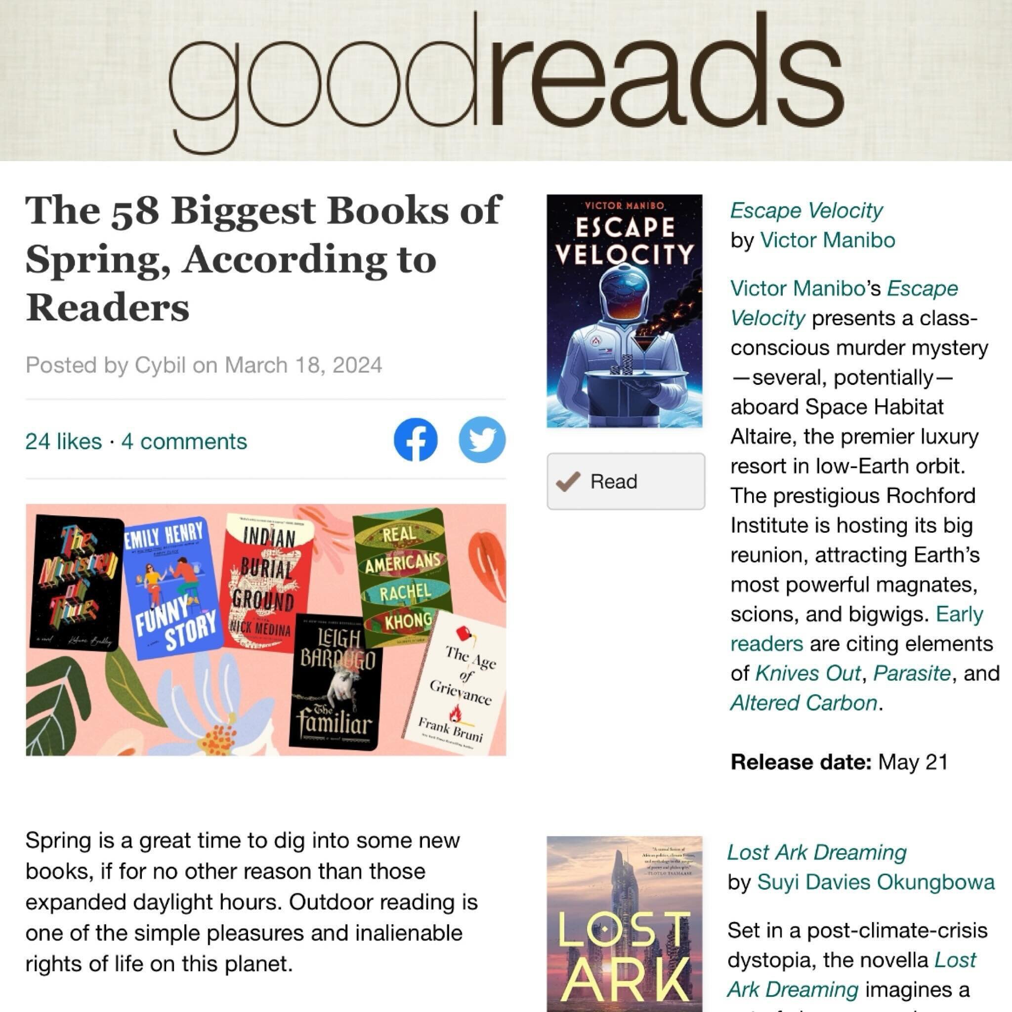 Thank you, @goodreads readers! Psyched to see Escape Velocity on this spring preview alongside some of my faves @suyidavies @stephengrahamjones @kellyekell and many more