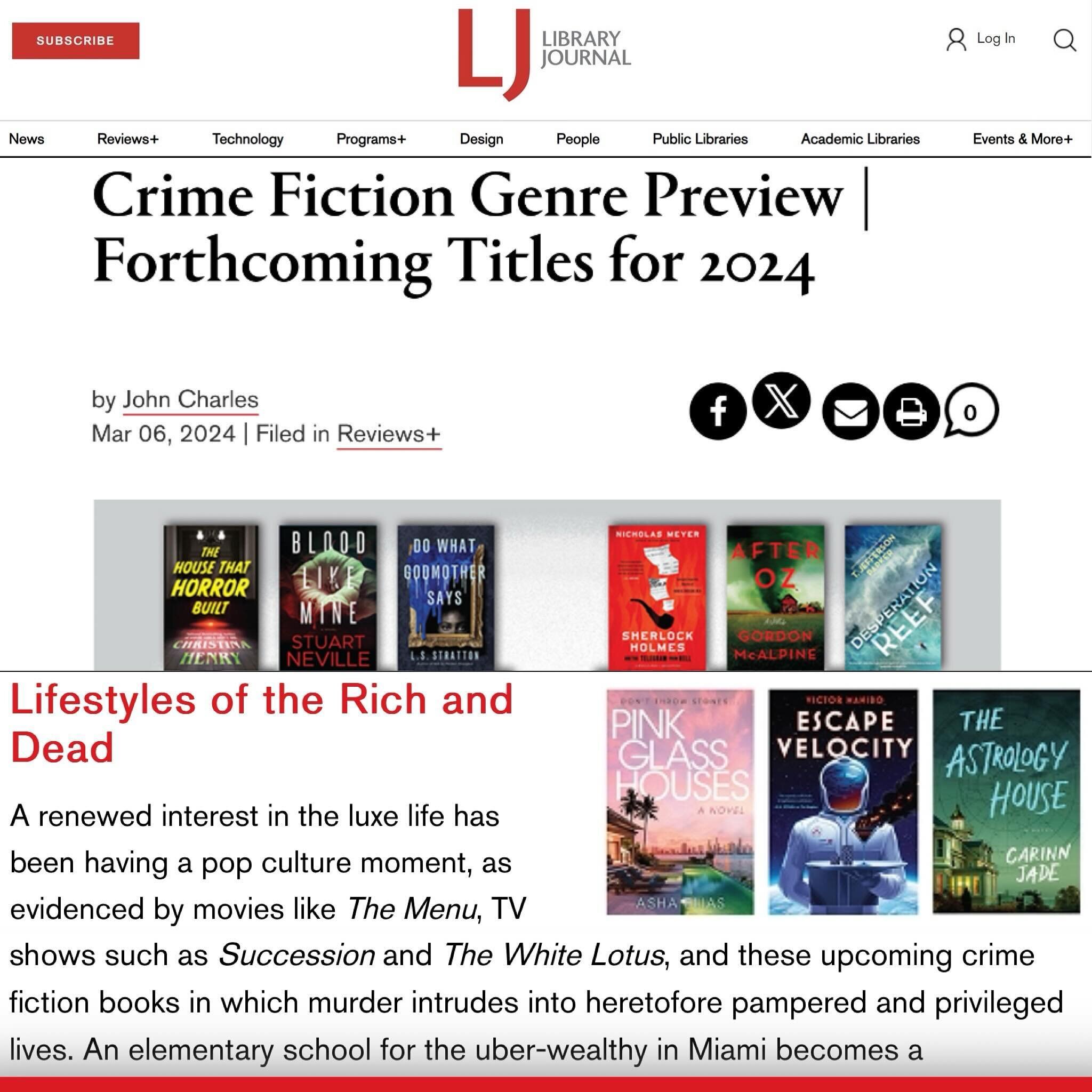 I consider myself a crime writer as much as a sci-fi writer and I really treasure the rare occasion that that gets recognized. Thank you, @library_journal!