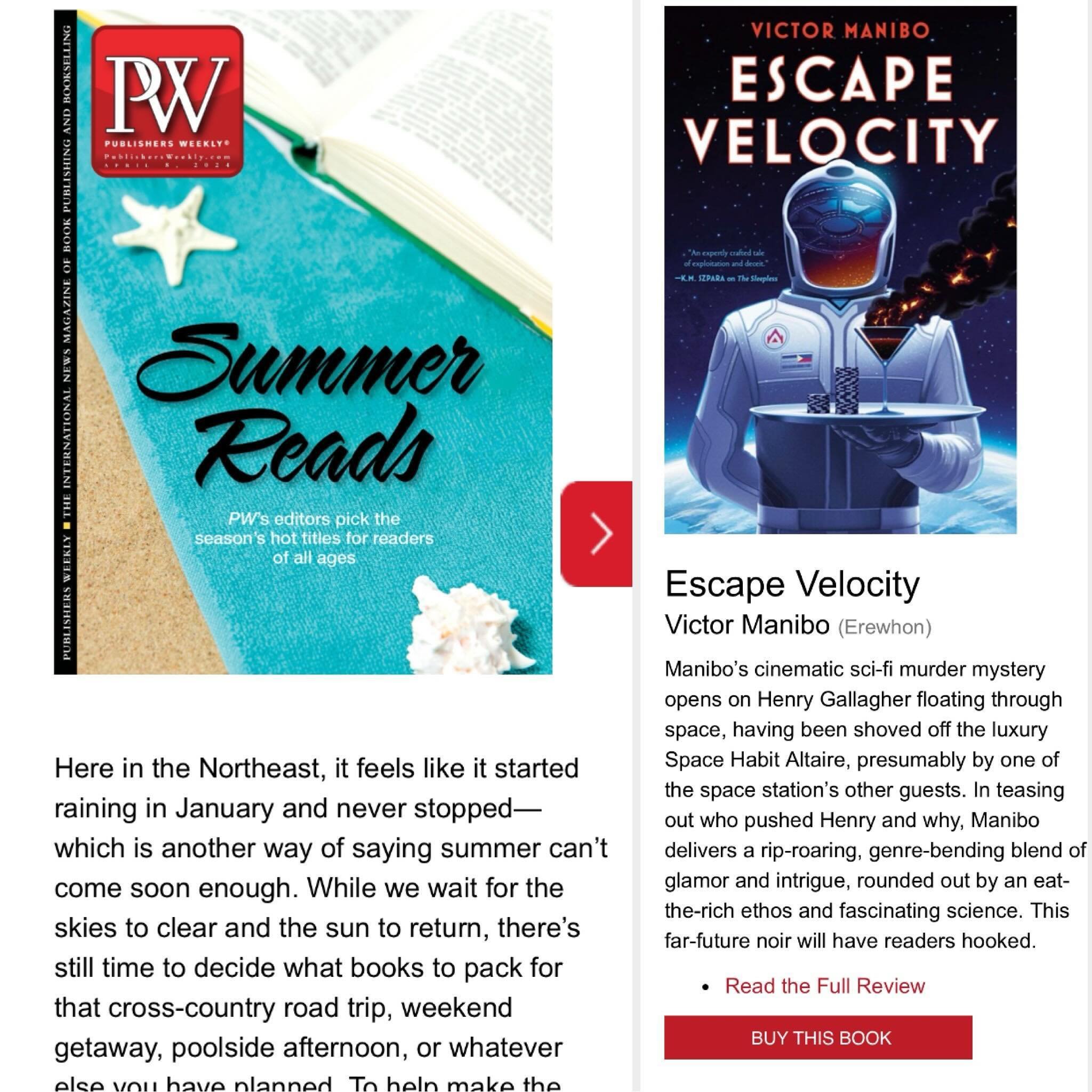 ESCAPE VELOCITY makes it onto Publishers Weekly&rsquo;s summer preview! Alongside books from my faves @yumewrites @leslyepenelope @k_hana_lee and @chucktingle! Full list in IG story