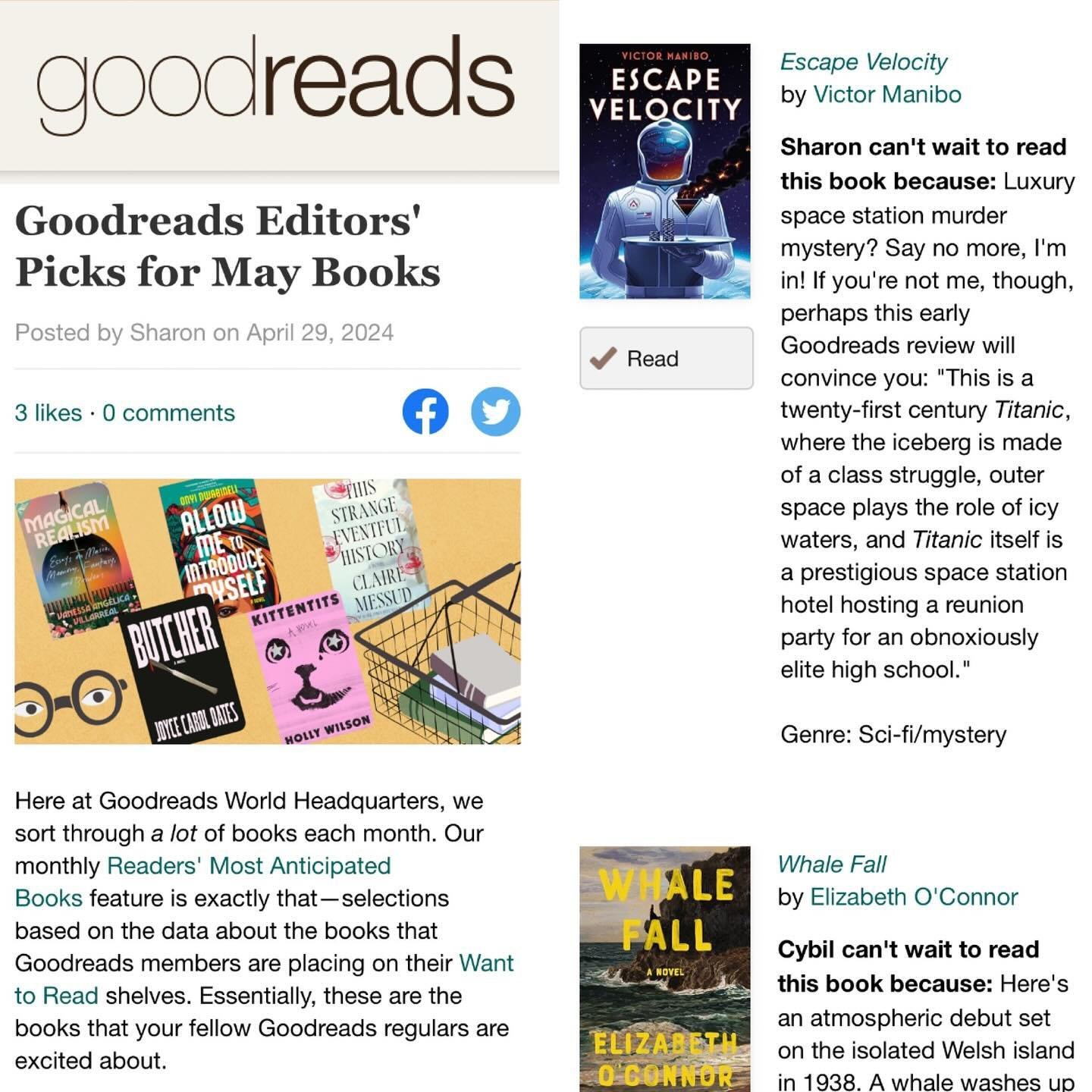 So grateful to see all these lists featuring ESCAPE VELOCITY! Launch month is shaping up to be very exciting and I can&rsquo;t wait till you all get to read it in two weeks! Thank you @goodreads @bookriot @gizmodo @newscientist