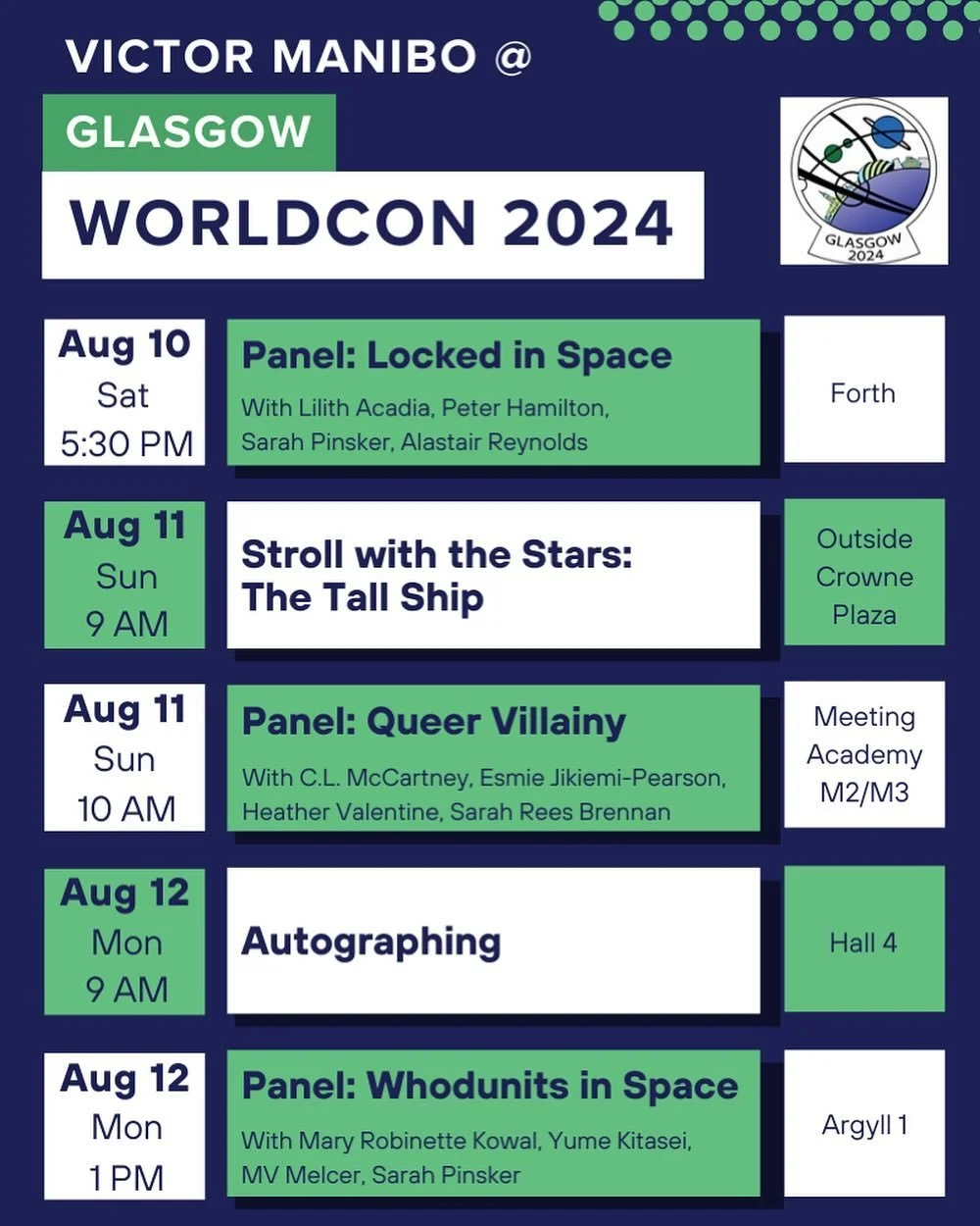 If you&rsquo;re attending Worldcon this year, catch me at the following events! @glasgowin2024