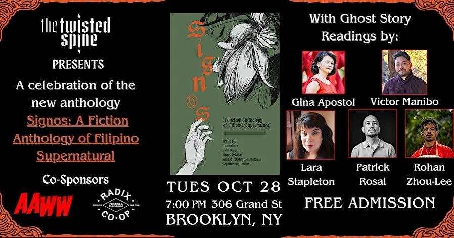 I&rsquo;ll be at @twistedspinebooks in a few weeks for a spooky season reading to celebrate the release of SIGNOS: A Fiction Anthology of Filipino Supernatural from @radix.coop! Stoked to be in this stellar lineup with my faves&mdash;hope you can joi
