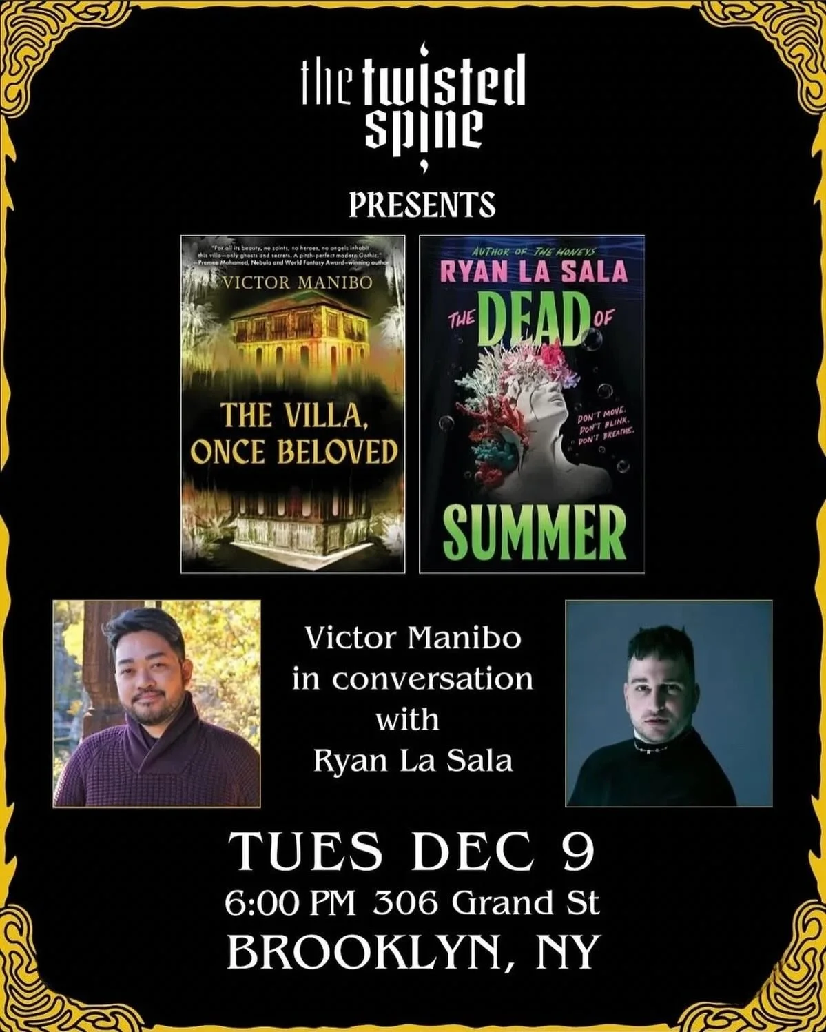 BROOKLYN! Join me and bestselling author @theryanlasala in celebrating the launch of THE VILLA, ONCE BELOVED on 12/9, 6 PM at @twistedspinebooks! More info in ig story