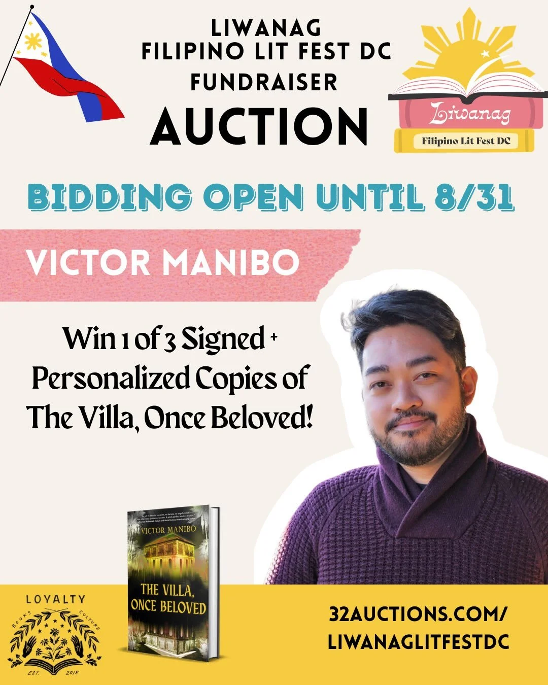 I&rsquo;ll be at @liwanaglitfestdc in October and they&rsquo;re doing a fundraiser auction! Bid on copies of The Villa, Once Beloved from now until the end of the month, as well as a bunch of other cool books&mdash;details on my ig story. Bid soon, a