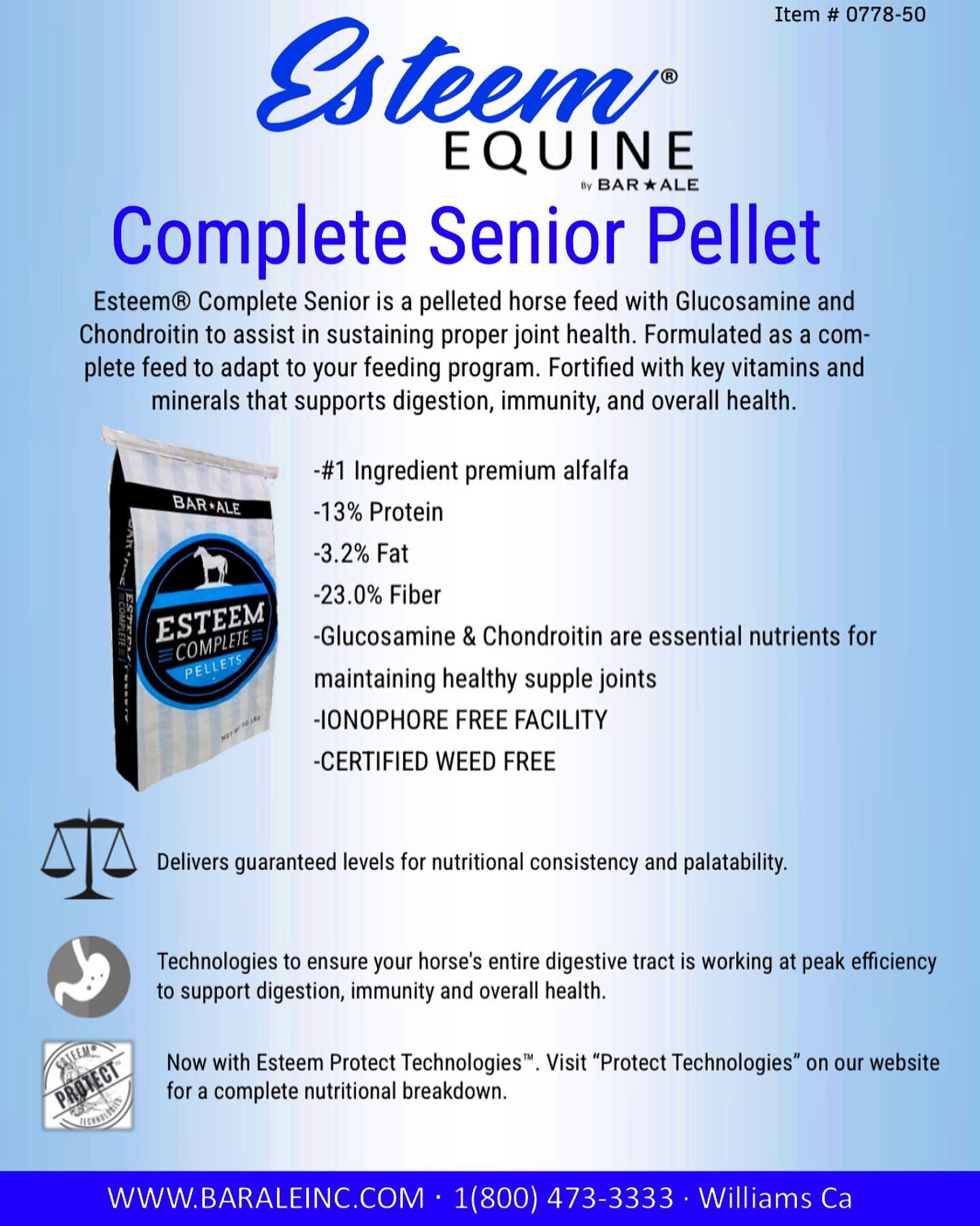 Esteem&reg; Complete Senior Pellet has the same quality ingredients as Esteem&reg; Complete, but with added Glucosamine &amp; Chondroitin to help keep your horses feeling young and agile long into their golden years. 
Call your local feed store to pi