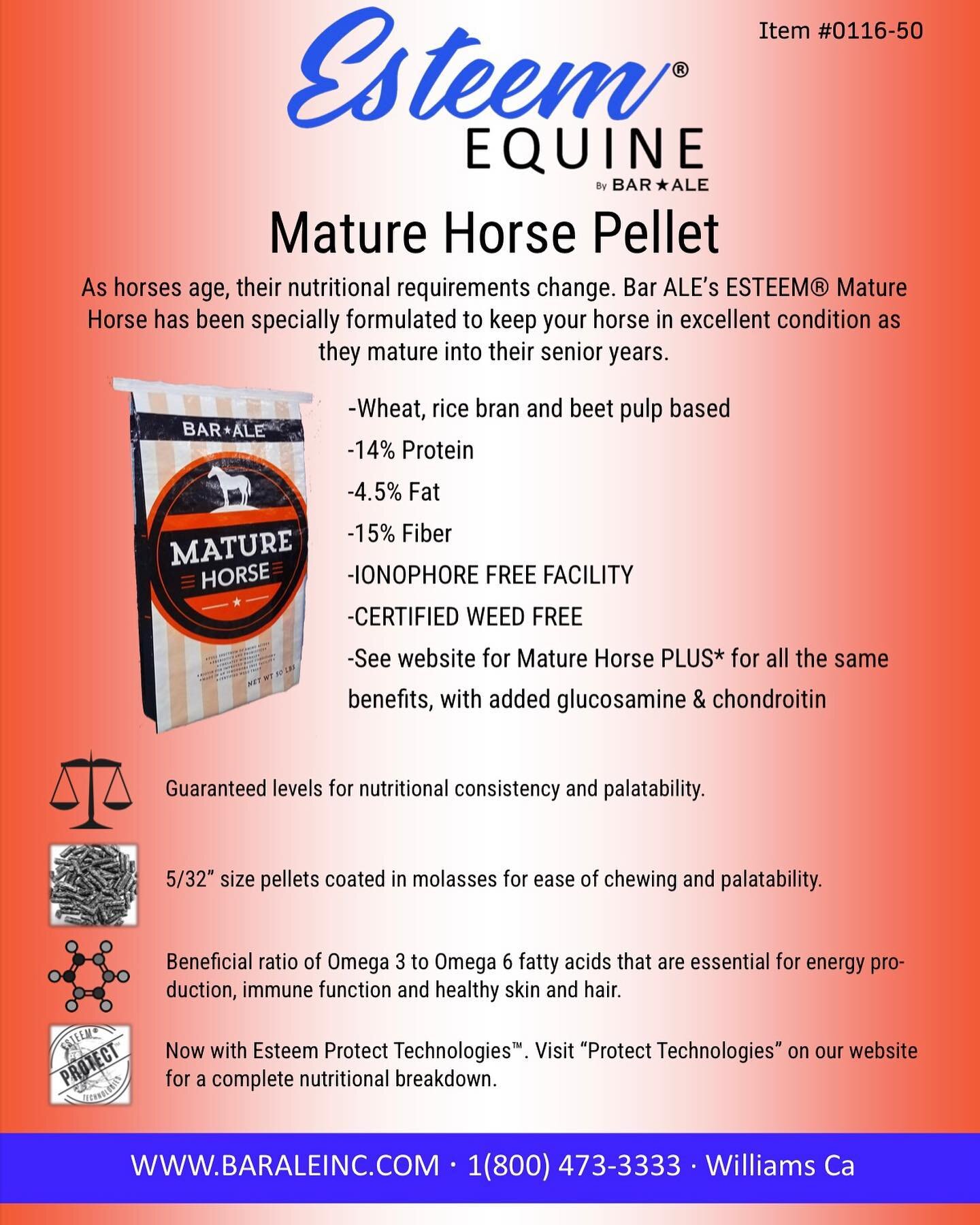 For the senior horses with light to moderate work and retired horses that require a harder pellet, Esteem&reg; Mature Horse Pellet is the feed for you!
To see a guaranteed analysis and browse our complete line of Esteem&reg; Equine products, visit ou