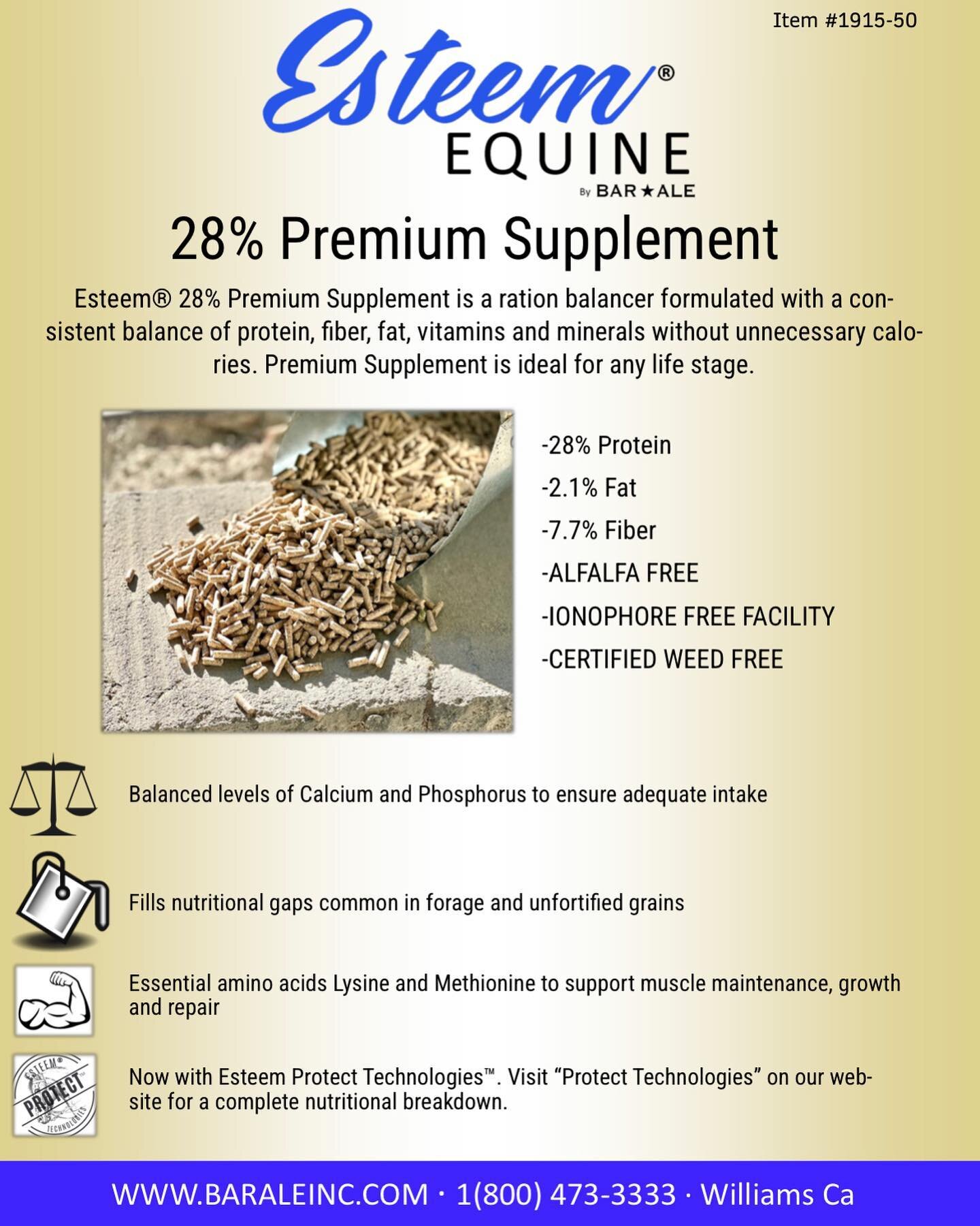 Esteem&reg; Equines 28% Premium Supplement. Order at your local feed store!
#equine #nutrition #equinefeed #horse #livestockfeed #nutrition #horsesofinstagram #horsefeed #livestockfeed #premium #quality #premiumsupplement #barale