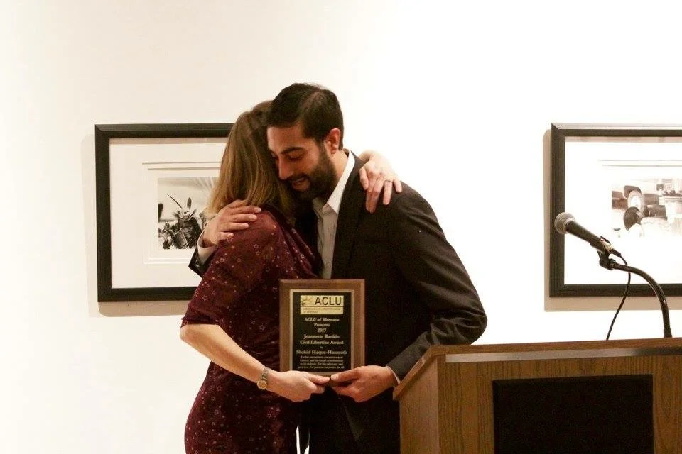 Shahid Haque, being awarded the ACLU's Jeannette Rankin Civil Liberties Award, in acknowledgement of his service to immigrants in the State of Montana.