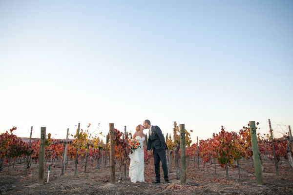 Bride &amp; groom kissing in vineyard with fall colored leaves