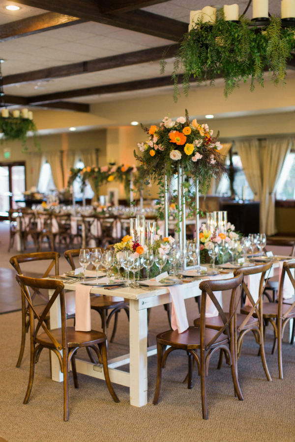Rectangle table with towering flower centerpieces