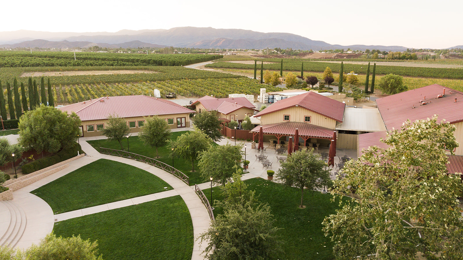Aerial shot of Mountain View, Event Pavilion, Event office, &amp; Cellar Room