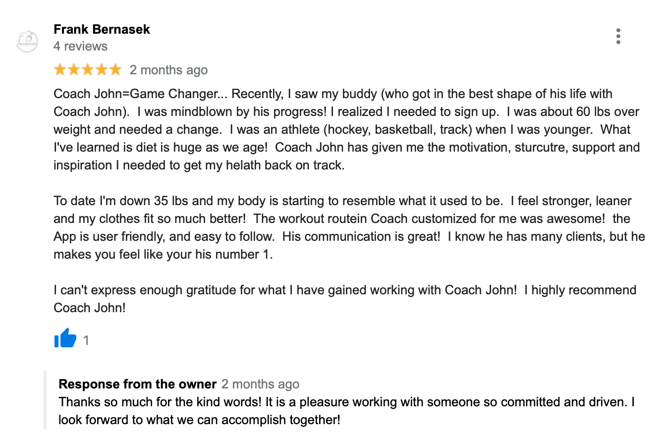 5-star Google review for fitness and nutrition coaching!