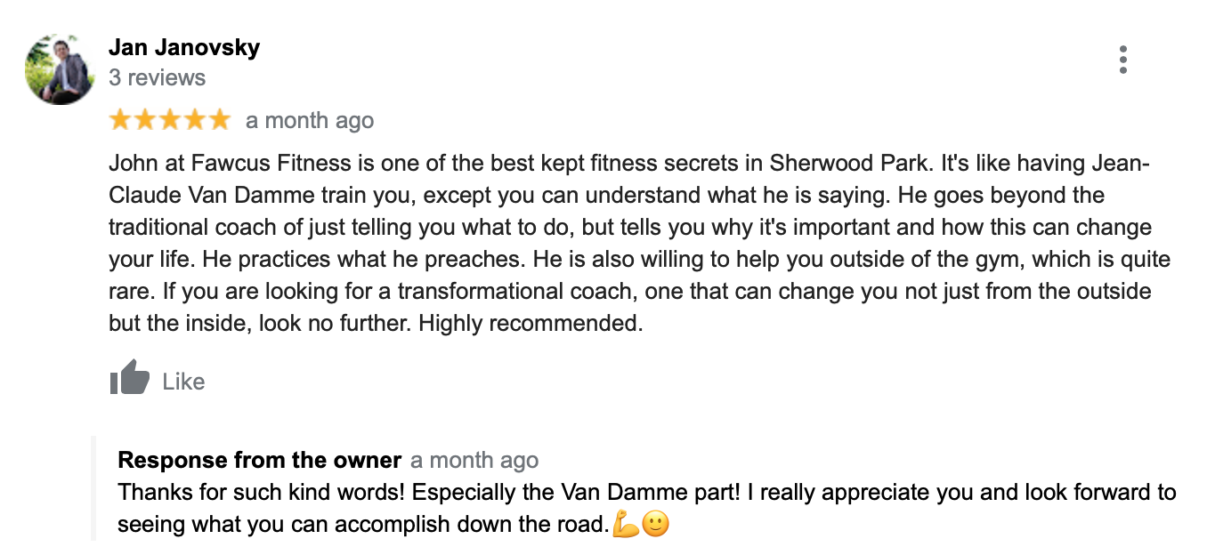 5-star Google review for fitness and nutrition coaching.