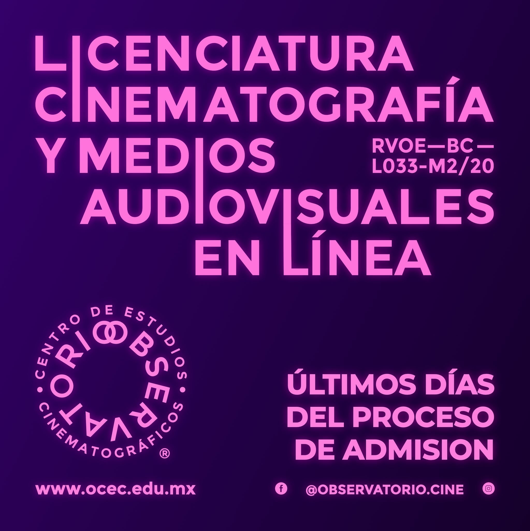 Convocatoria de nuevo ingreso a la Licenciatura en Cinematograf&iacute;a y Medios audiovisuales.

&iexcl;MODALIDAD A DISTANCIA!

Descarga la Convocatoria para conocer el plan acad&eacute;mico, becas, fechas importantes y requisitos de admisi&oacute;n