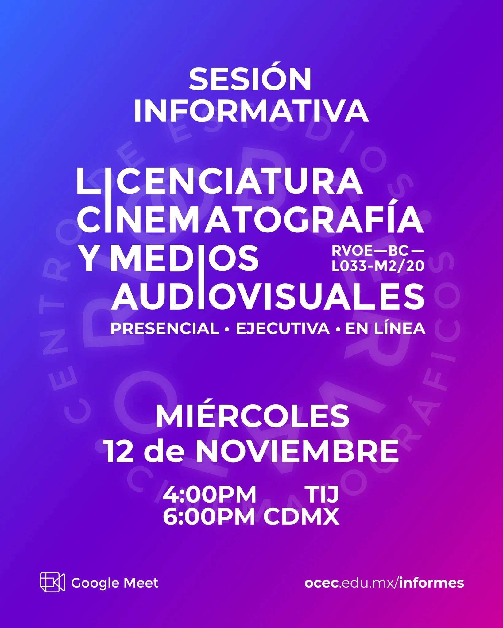 Conoce la Licenciatura en Cinematograf&iacute;a y Medios Audiovisuales en sus tres modalidades: Presencial Ejecutiva y en L&iacute;nea

Reserva una sesi&oacute;n informativa virtual (Google Meet) programadas para el nuevo ingreso en 2026.

Pr&oacute;