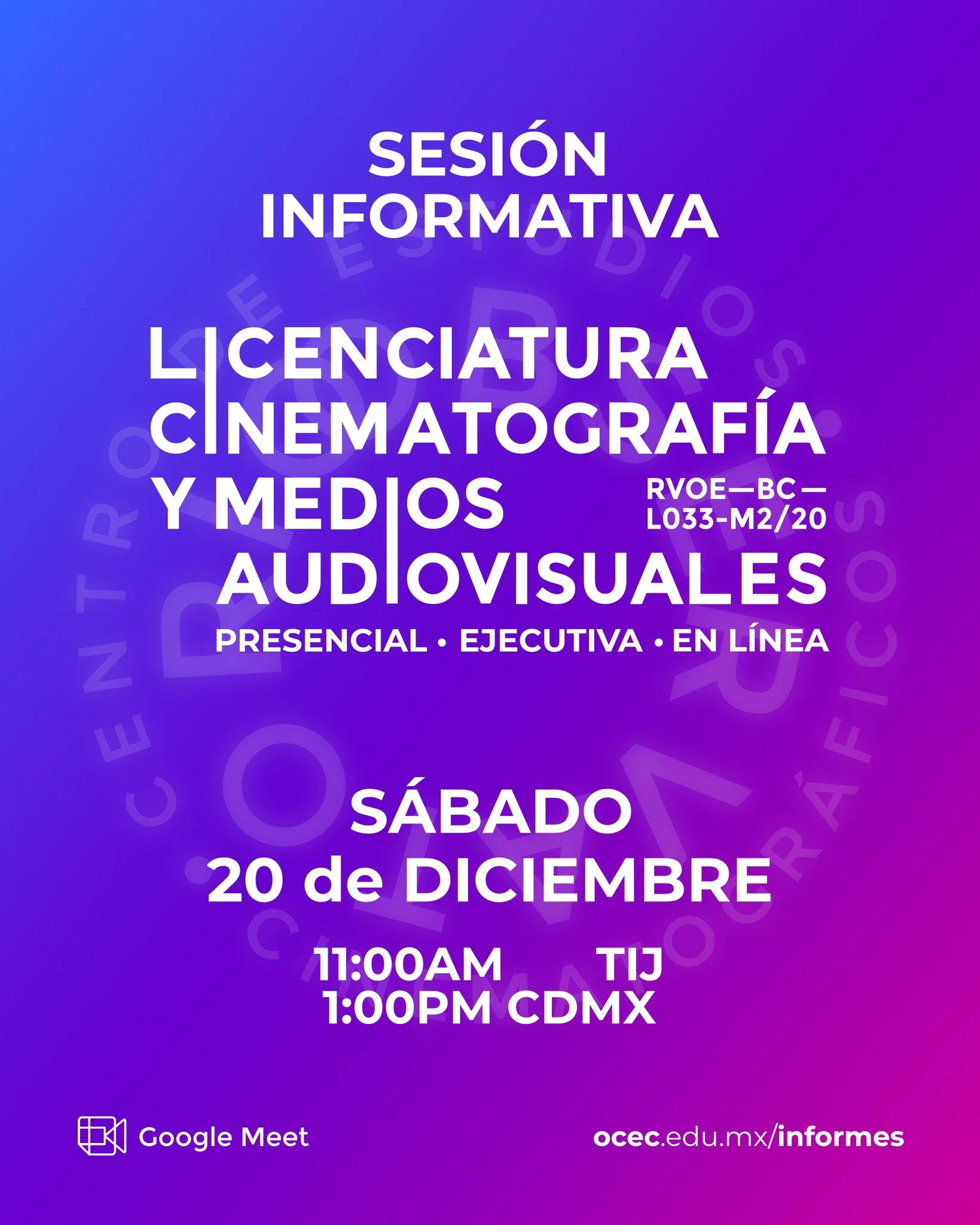 .
Conoce la Licenciatura en Cinematograf&iacute;a y Medios Audiovisuales en sus tres modalidades: Presencial Ejecutiva y en L&iacute;nea

Reserva una sesi&oacute;n informativa virtual (Google Meet) programadas para el nuevo ingreso en 2026.

Pr&oacut