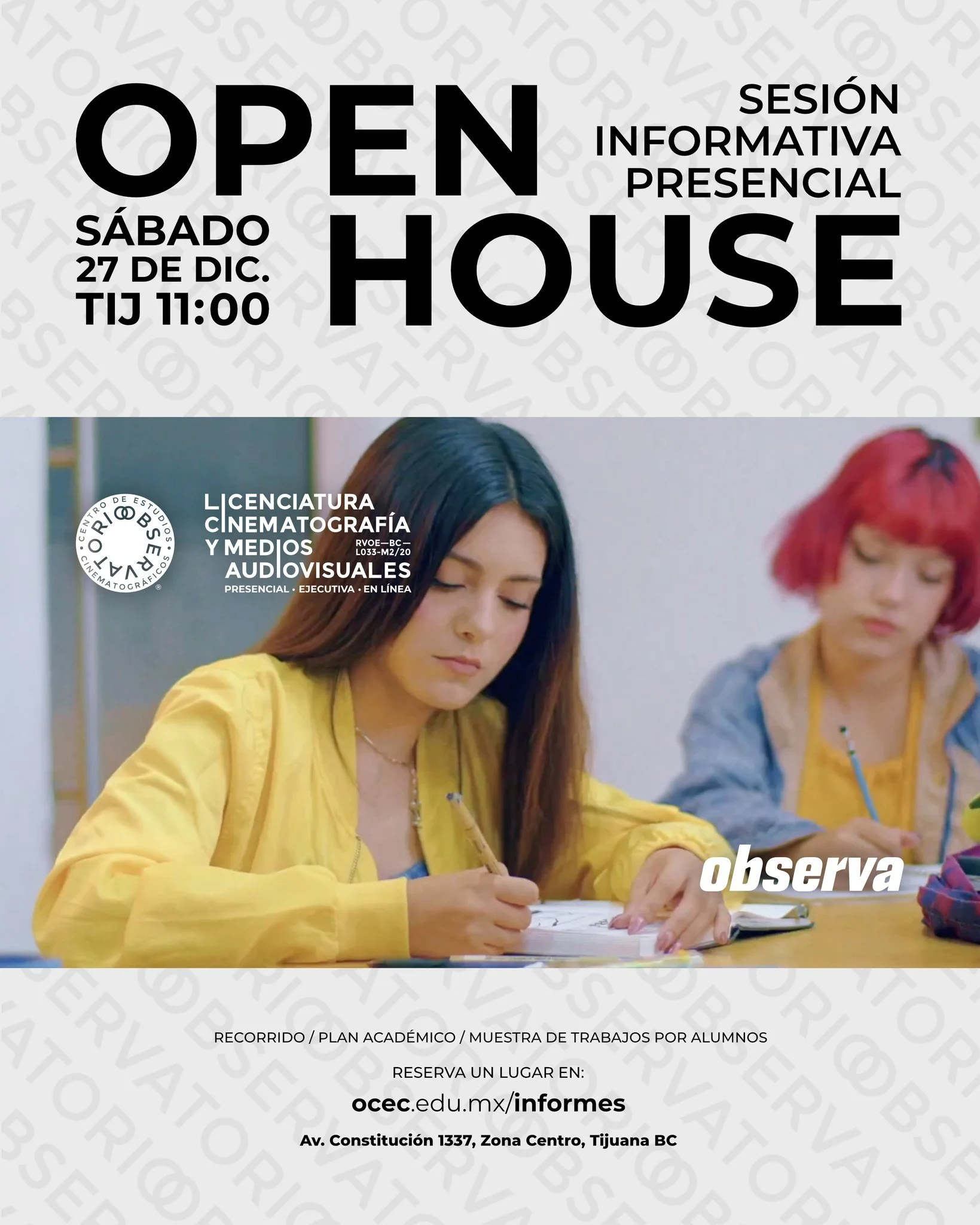 .
Invitaci&oacute;n para las personas interesadas en ingresar a la Licenciatura en Cinematograf&iacute;a y Medios Audiovisuales, ven a conocer m&aacute;s sobre nosotros:

- Sesi&oacute;n Informativa
- Tour de instalaciones
- Proyectos Audiovisuales p