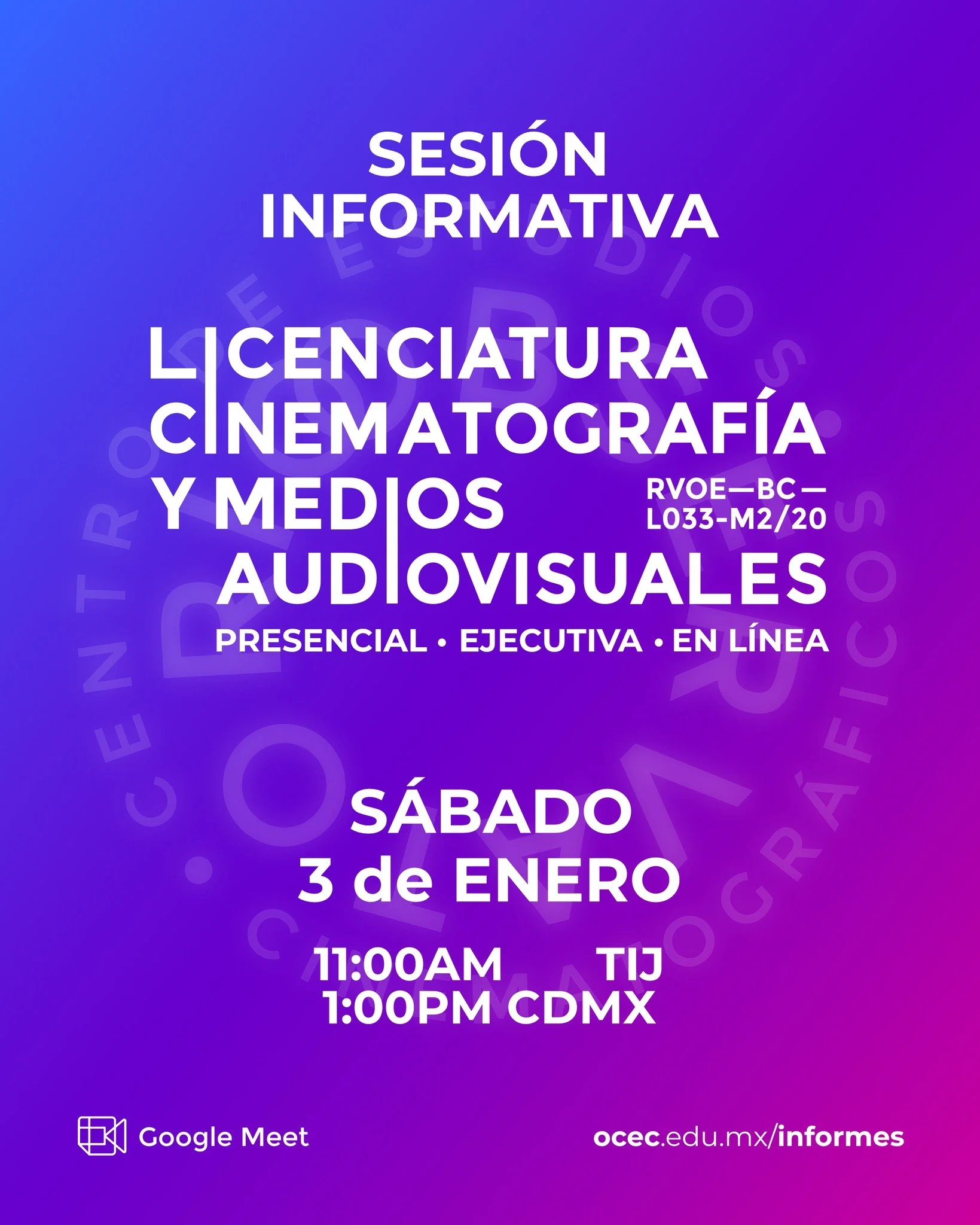 Conoce la Licenciatura en Cinematograf&iacute;a y Medios Audiovisuales en sus tres modalidades: Presencial Ejecutiva y en L&iacute;nea

Reserva una sesi&oacute;n informativa virtual (Google Meet) programadas para el nuevo ingreso en 2026.

Pr&oacute;