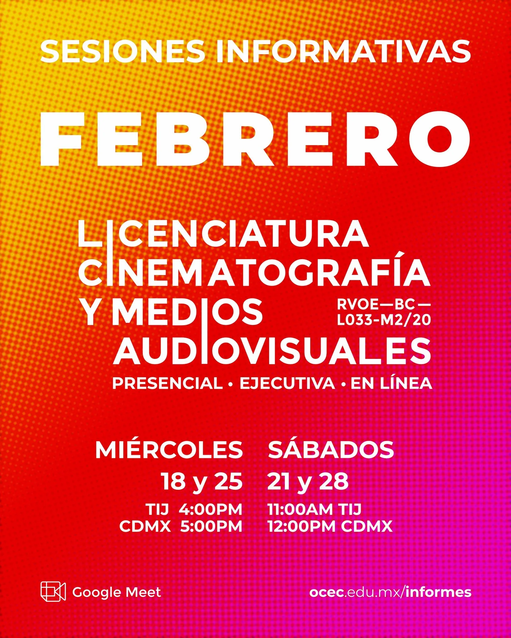 🎬 Descubre la Licenciatura en Cinematograf&iacute;a y Medios Audiovisuales en la modalidad que mejor se adapte a ti: Presencial, ejecutiva o en L&iacute;nea.

📅 Sesiones informativas virtuales (Google Meet) disponibles este mes.
🔹 Pr&oacute;ximo i
