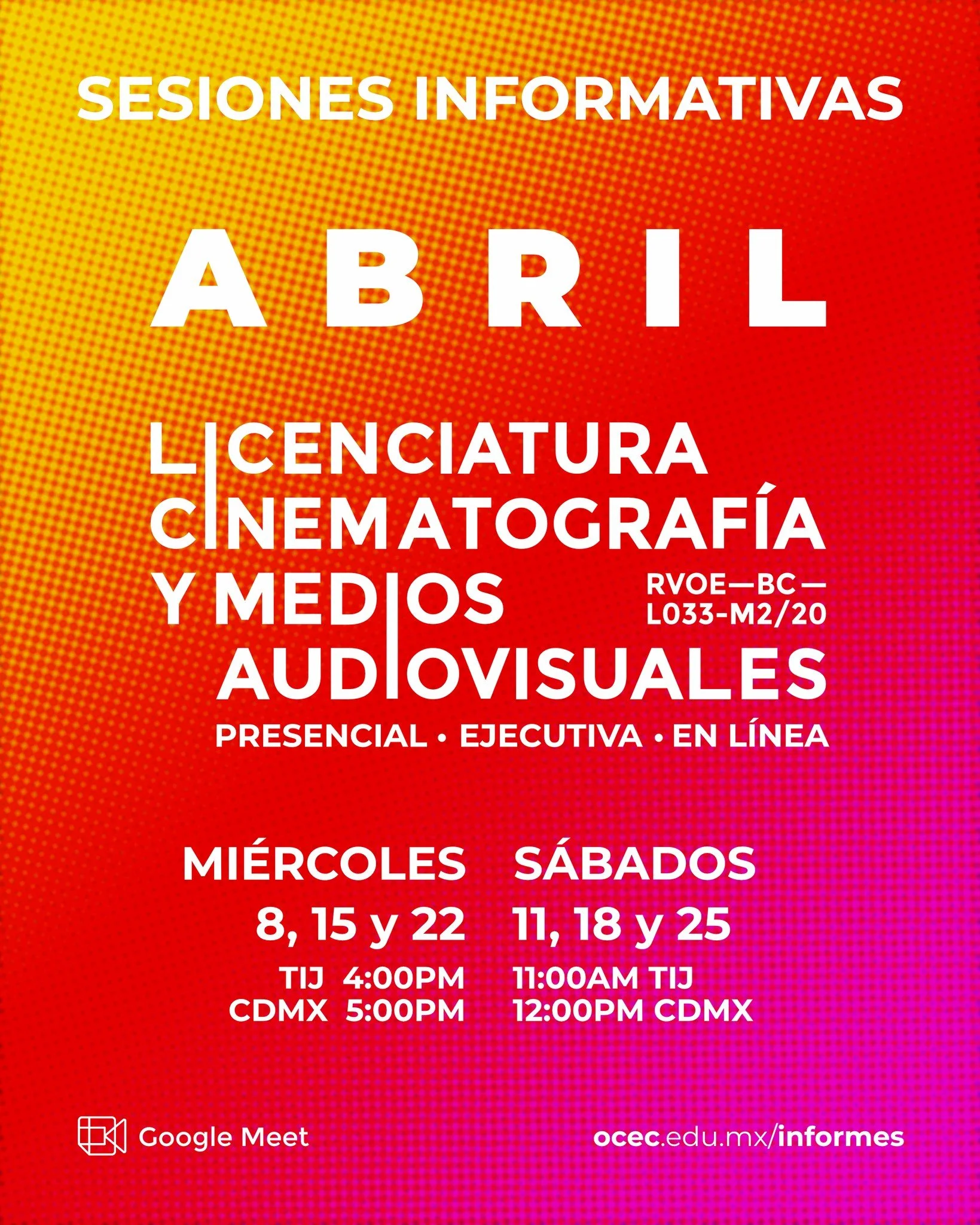 🎬 Descubre la Licenciatura en Cinematograf&iacute;a y Medios Audiovisuales en la modalidad que mejor se adapte a ti: Presencial, ejecutiva o en L&iacute;nea.

📅 Sesiones informativas virtuales (Google Meet) disponibles este mes.
🔹 Pr&oacute;ximo i