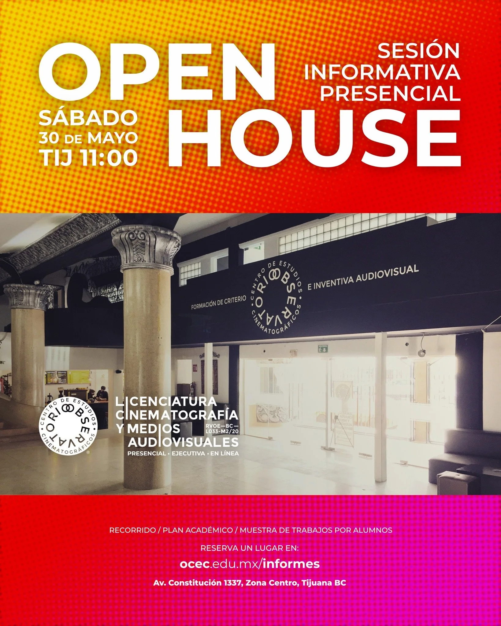 Invitaci&oacute;n para las personas interesadas en ingresar a la Licenciatura en Cinematograf&iacute;a y Medios Audiovisuales, ven a conocer m&aacute;s sobre nosotros:

- Sesi&oacute;n Informativa
- Tour de instalaciones
- Proyectos Audiovisuales por