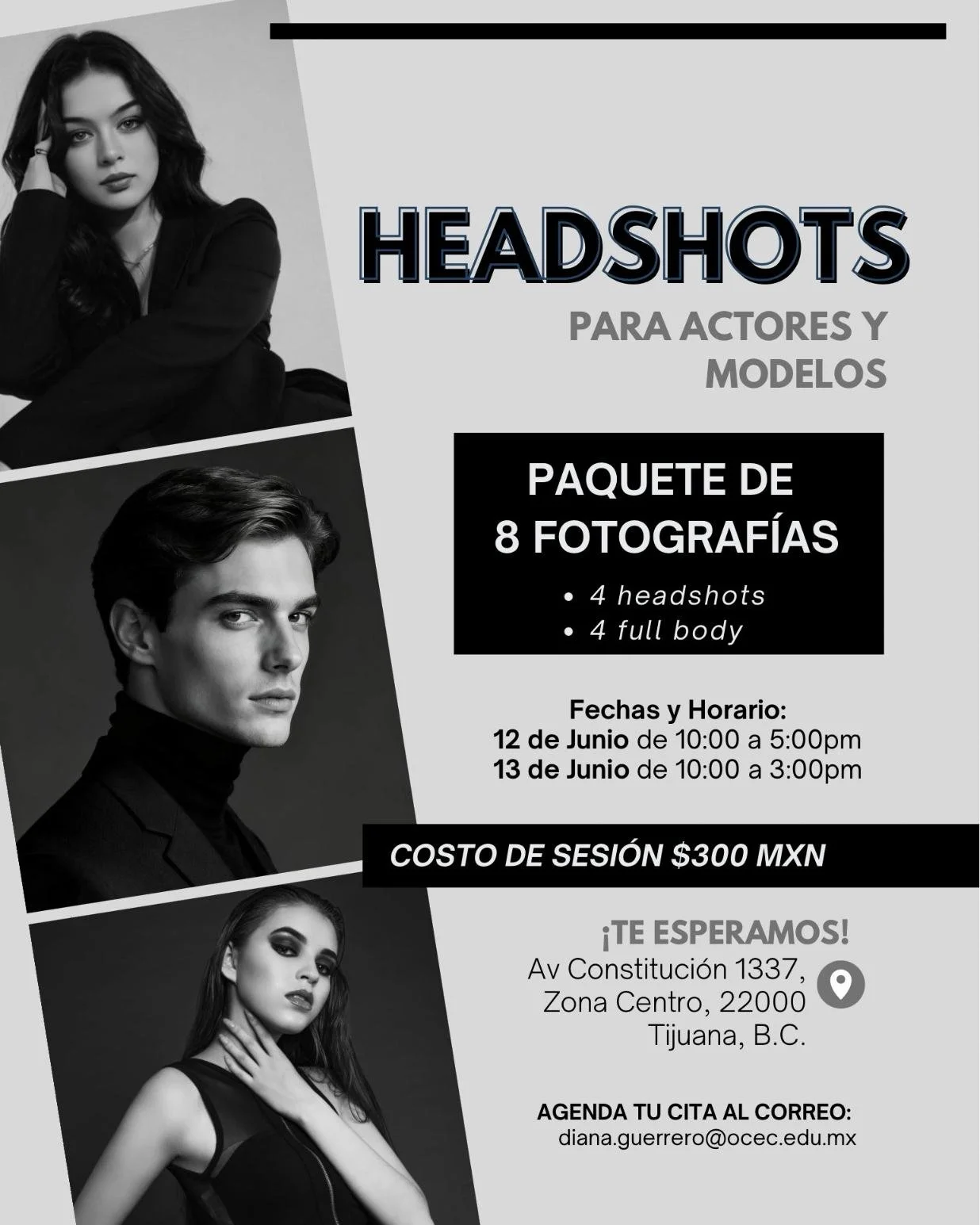 Apoya a nuestros estudiantes de 9no cuatrimestre a obtener fondos para su cortometraje de fin de carrera.

HEADSHOTS
para actrices / actores y modelos o si quieres tener fotos para tu CV, Perfiles etc!!!!

Paquete de 8 fotograf&iacute;as profesionale