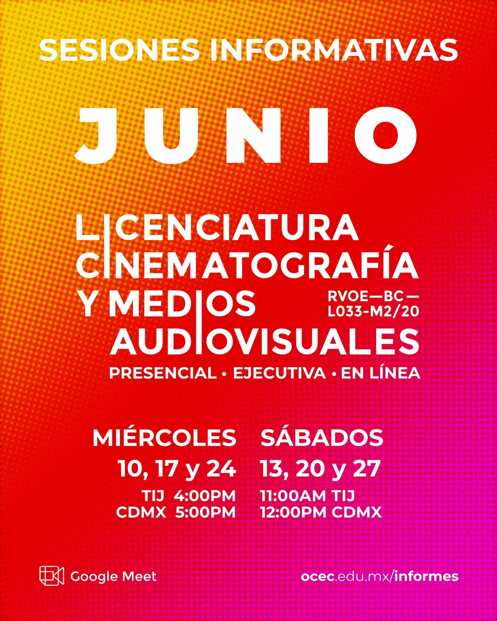🎬 Descubre la Licenciatura en Cinematograf&iacute;a y Medios Audiovisuales en la modalidad que mejor se adapte a ti: Presencial, ejecutiva o en L&iacute;nea.

📅 Sesiones informativas virtuales (Google Meet) disponibles este mes.
🔹 Pr&oacute;ximo i