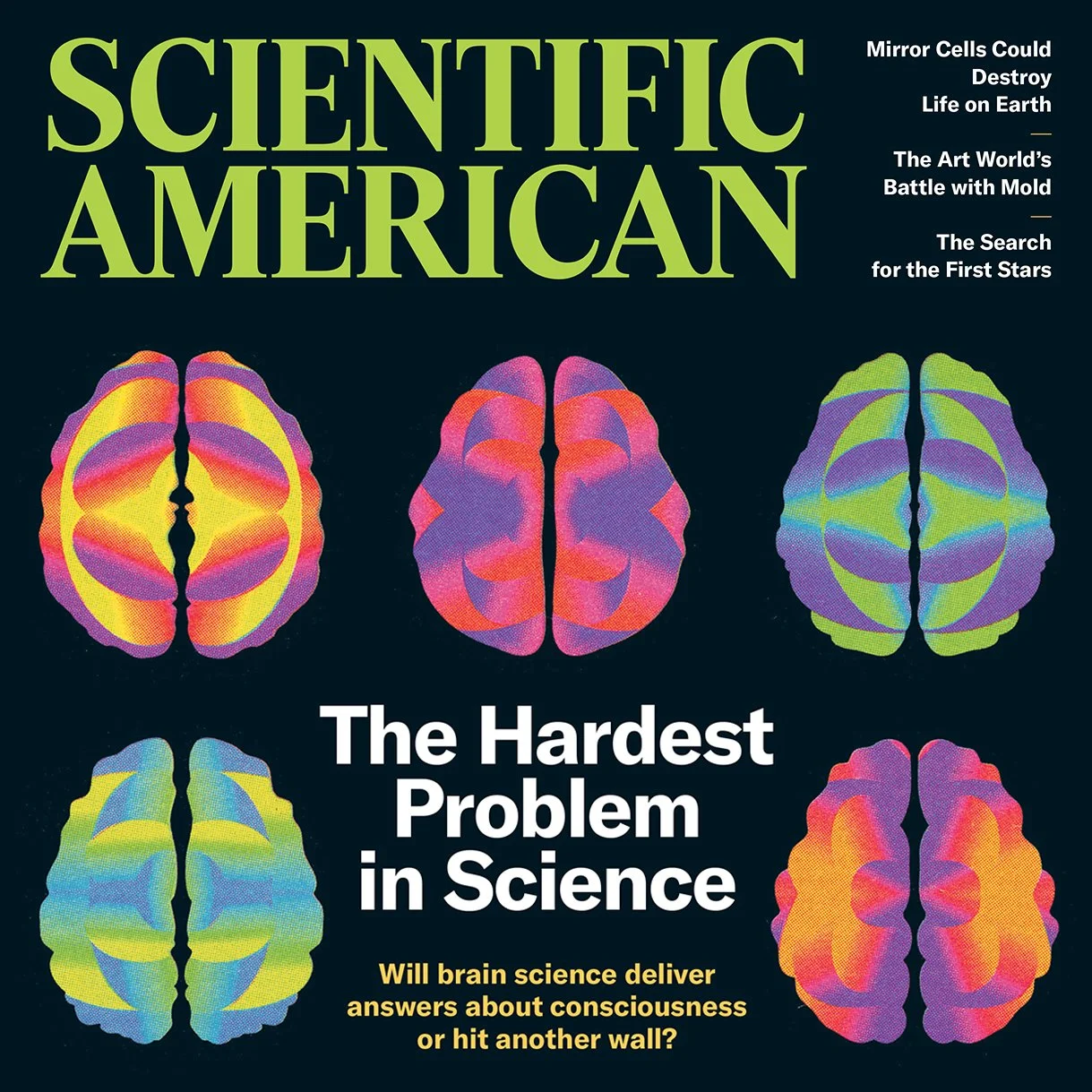  Illustration by DTAN Studio [alt text: Detail of a  Scientific American  magazine cover featuring a series of bold and colorful brain sections.] 