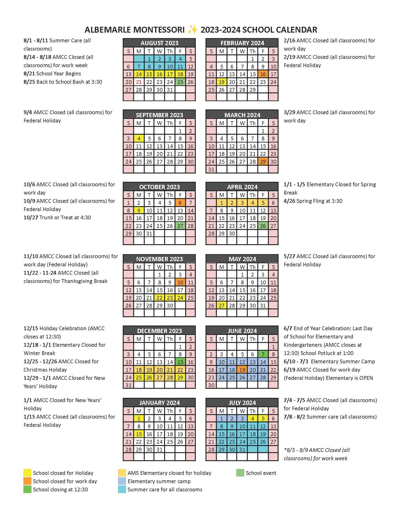 Annual Schedule — Albemarle Montessori