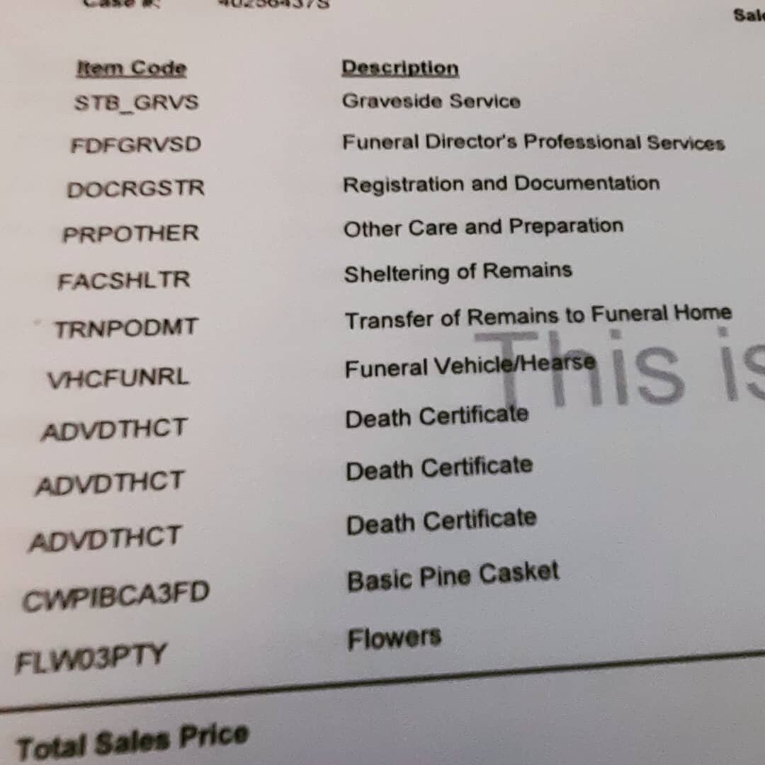 This is my funeral arrangement, bought and paid for... My Plan A is a home funeral so we might not need every part of this but I've made the purchase for Plan B, where my family needs more funeral home support.

I might not die for another 60 years, 