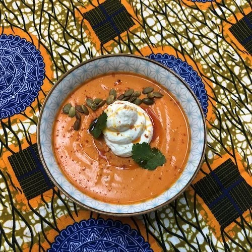 Roasted Squash Soup with French Toast Spiced Whipped Cream and Toasted Pumpkin Seeds