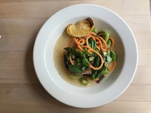 Sweet Potato Noodle in Shiitake Dashi with Branzini, Asparagus &amp; Bok Choy