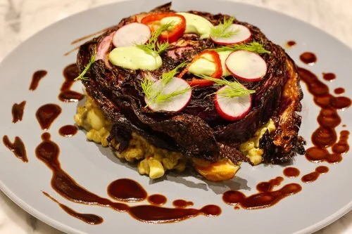 Charred Red Cabbage, Mushroom Farro Risotto, Ginger