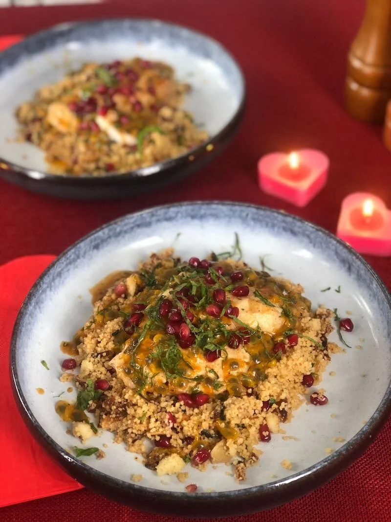 Oven Roasted Sea Bass with Passion Fruit Vinaigrette and Pomegranate Couscous