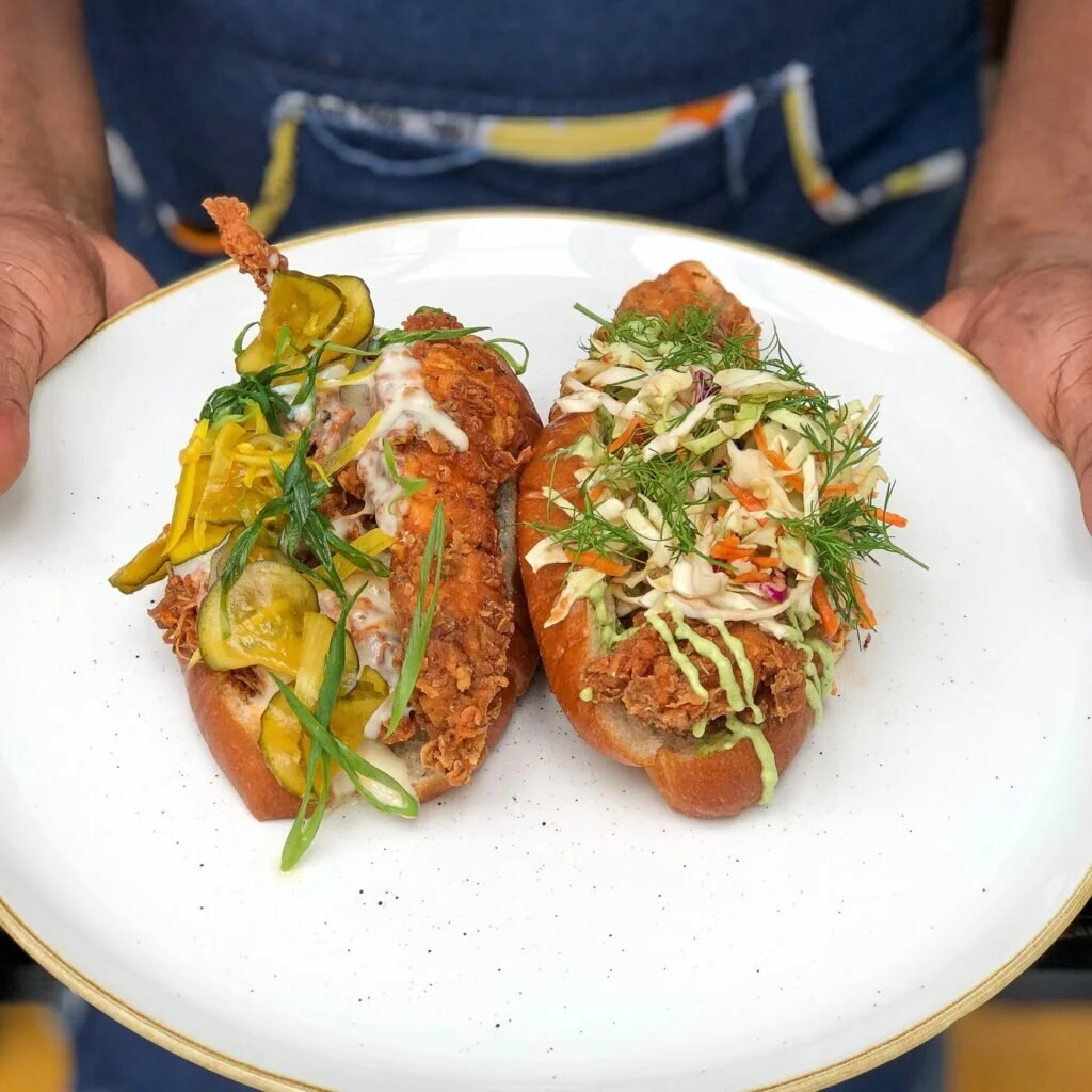 Crispy Bird Dog with Shado Beni Aioli and Tamarind Slaw
