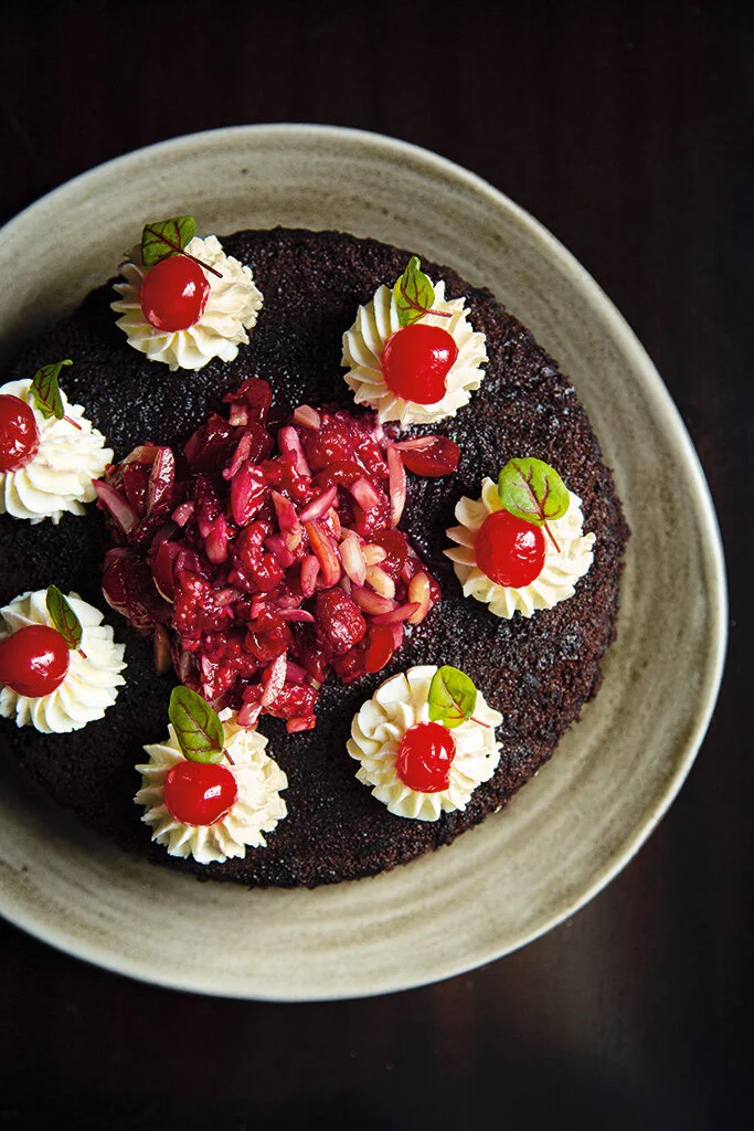 Leftover Wine Spiced Chocolate Cake with Mulled Wine Raspberries