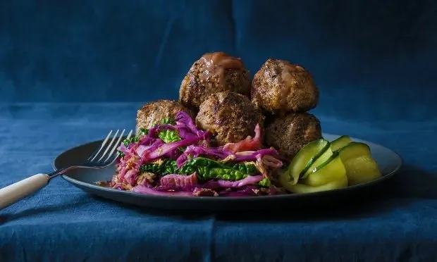 Helga’s meatballs with lingonberry preserves, pickled cucumbers and braised cabbage