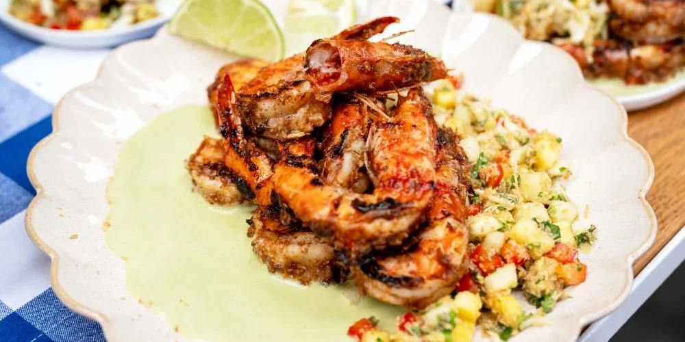 Jerk Prawns with Pineapple Slaw and Coconut Sauce