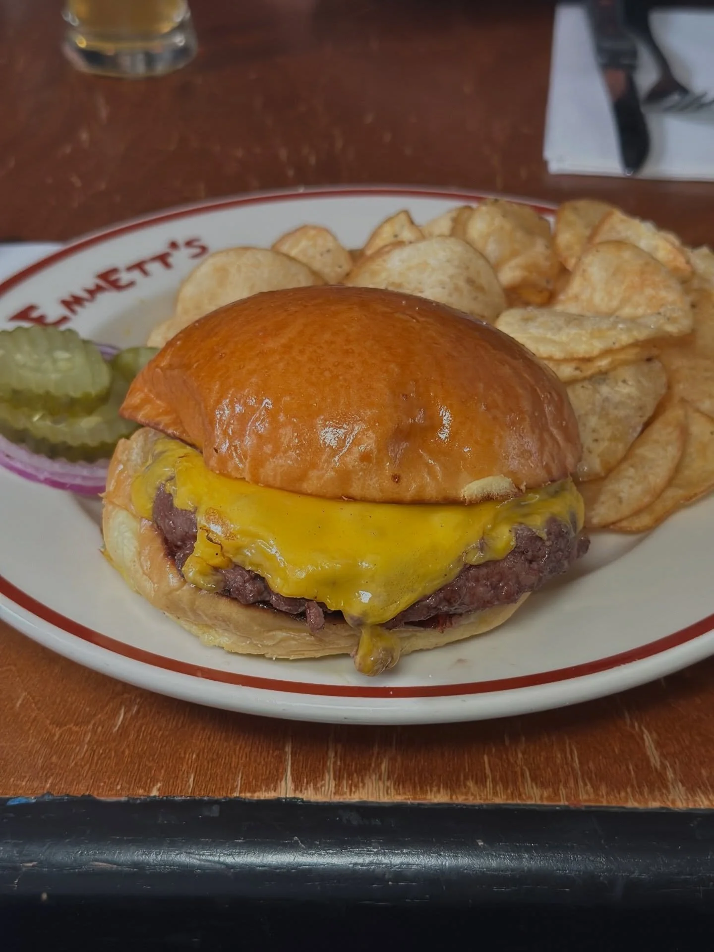The Burger from @emmettsnyc 

Pickles, onion, dijonnaise, and your choice of cheddar, mozzarella, or American cheese on a brioche bun. Cooked over an open flame to a perfect medium-rare, every element of this burger competes for your attention from t
