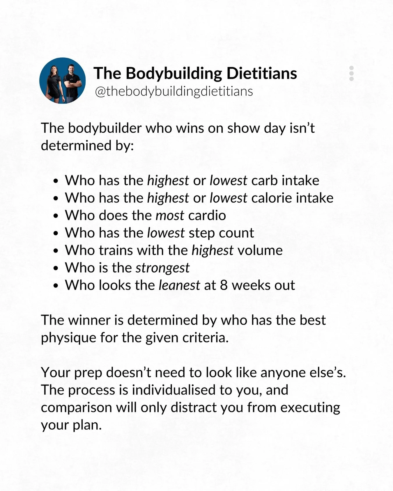 Stop copying your competitors&rsquo; prep, it won&rsquo;t win you a trophy.

Here&rsquo;s the truth:
The bodybuilder who wins on show day isn&rsquo;t the one eating the fewest carbs, doing endless cardio, or looking shredded 8 weeks out. None of thos